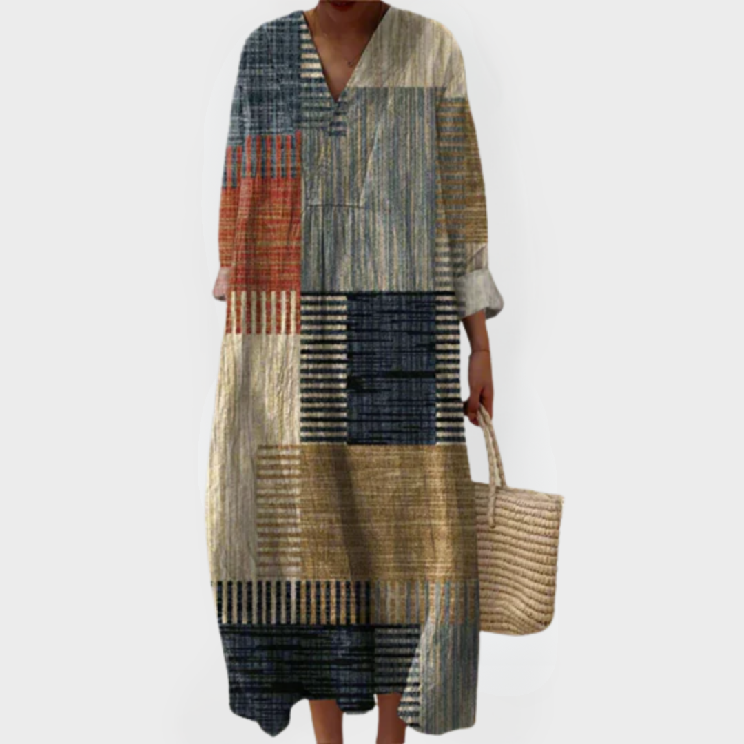 Harriet | Aardetint Patchwork Ontspannen Maxi Jurk