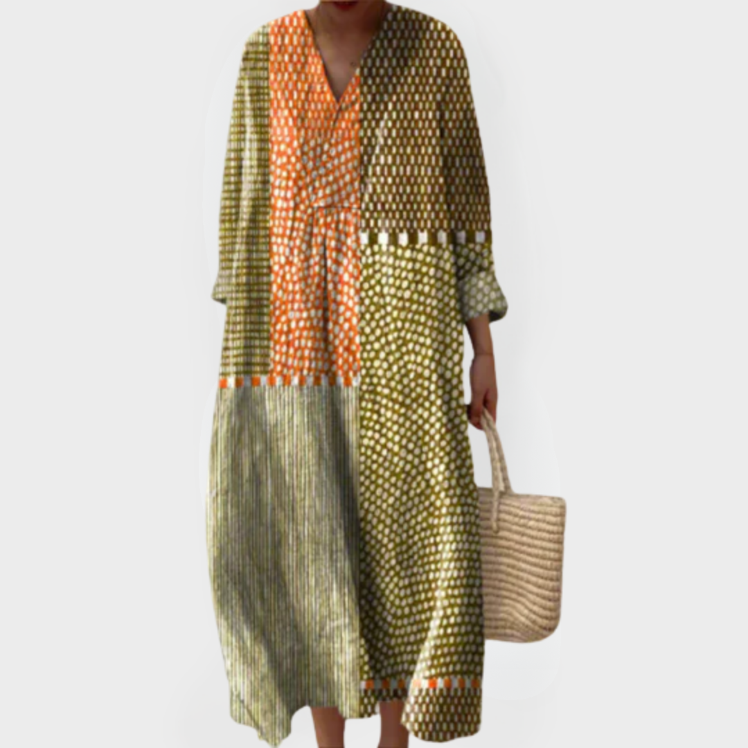 Vivienne | Aardse Patchwork Gestippelde Midi Jurk