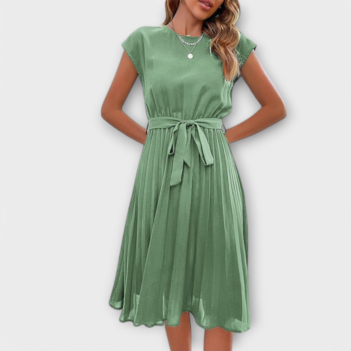 Claire - Korte Mouw, Plissé, Casual Midi Jurk