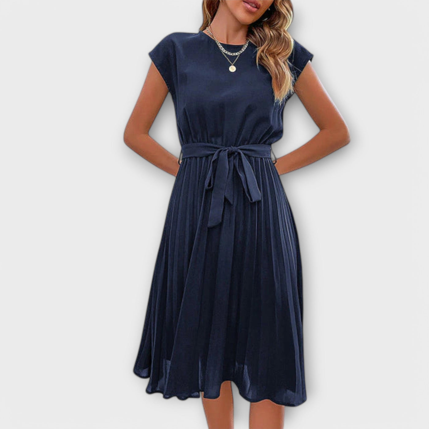 Claire - Korte Mouw, Plissé, Casual Midi Jurk
