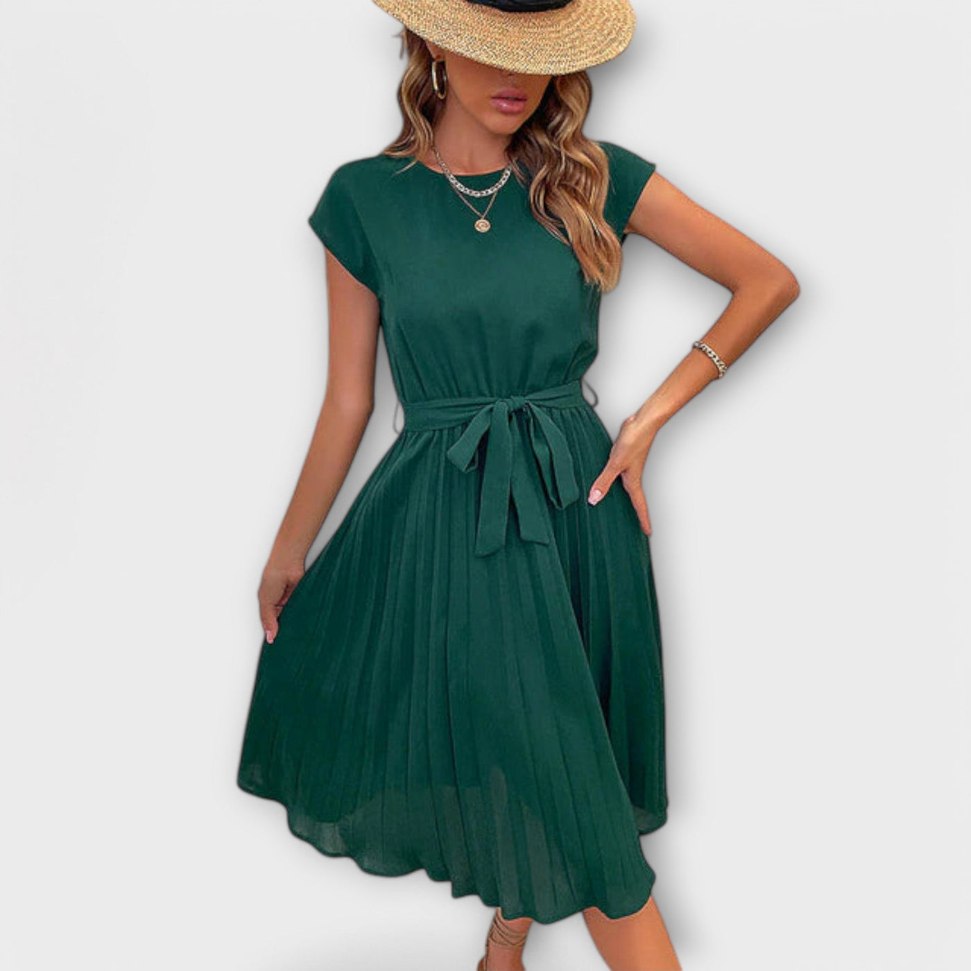 Claire - Korte Mouw, Plissé, Casual Midi Jurk
