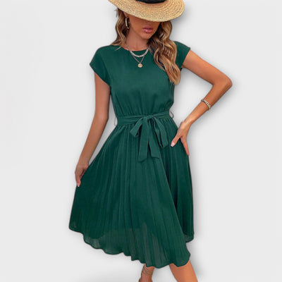 Claire - Korte Mouw, Plissé, Casual Midi Jurk