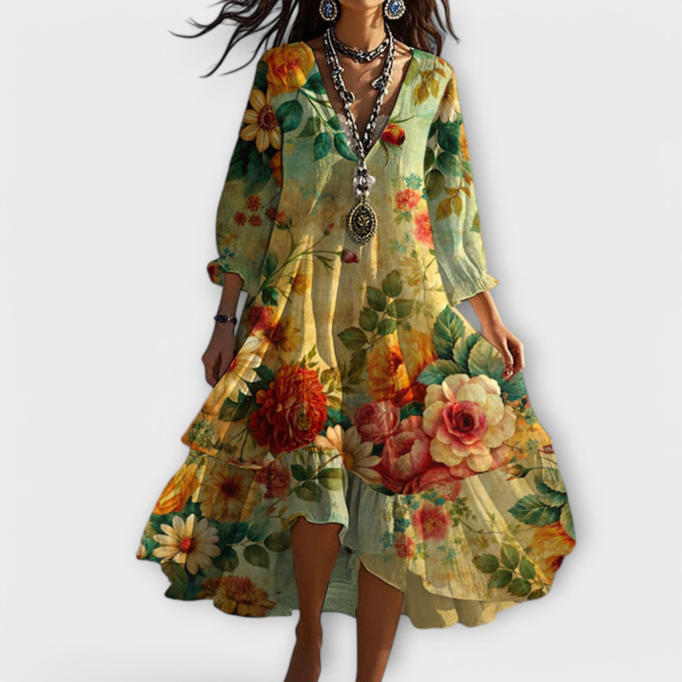 Marina - Vintage Boho Bloemenprint V-Hals Jurk
